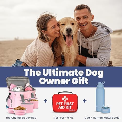 Rubyloo Original Doggy Bag (Pink) & 32oz Insulated Water Bottle with Attached 8oz Bowl (Life is Better with Dogs) – Dog Travel Bag & Hydration Set