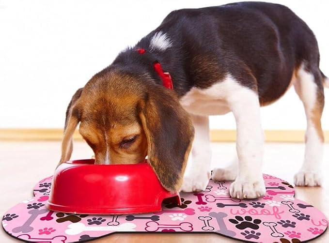 Dog Food Mats for Floors Waterproof, Pet Feeding Absorbent Water Bowl Mat Cat Placemats Pink Bone Shape 23.6 * 15.7 inch