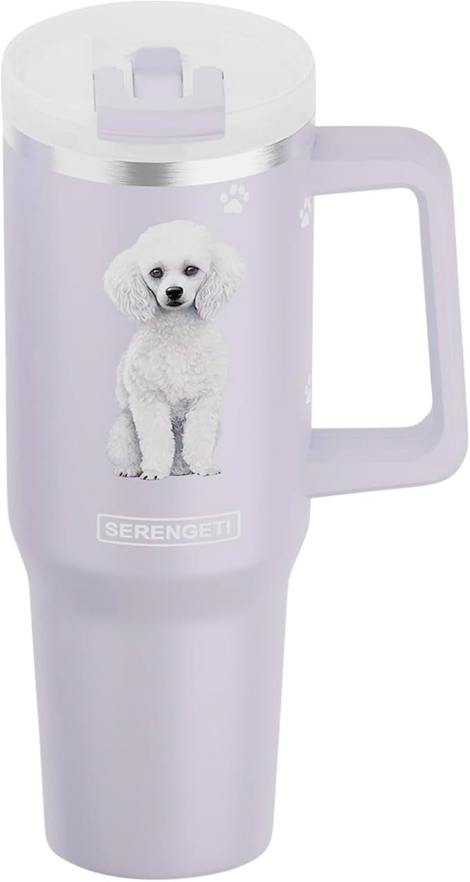 E&S Pets SERENGETI 40 Oz Ultimate Tumbler with Handle and Straw - Vacuum Insulated Tumbler with Straw and Lid - Stainless Steel Travel Mug for Pet Lovers - 3D Designs of your favorite Dog (Poodle)