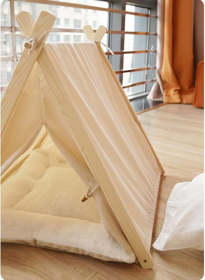 Solid Wood Cat Indoor Tent with Thick Mat,Portable Dog House Dog Teepee Tent,Cute Cat Teepee Cave Cat Bed,Dog Bed (Green)