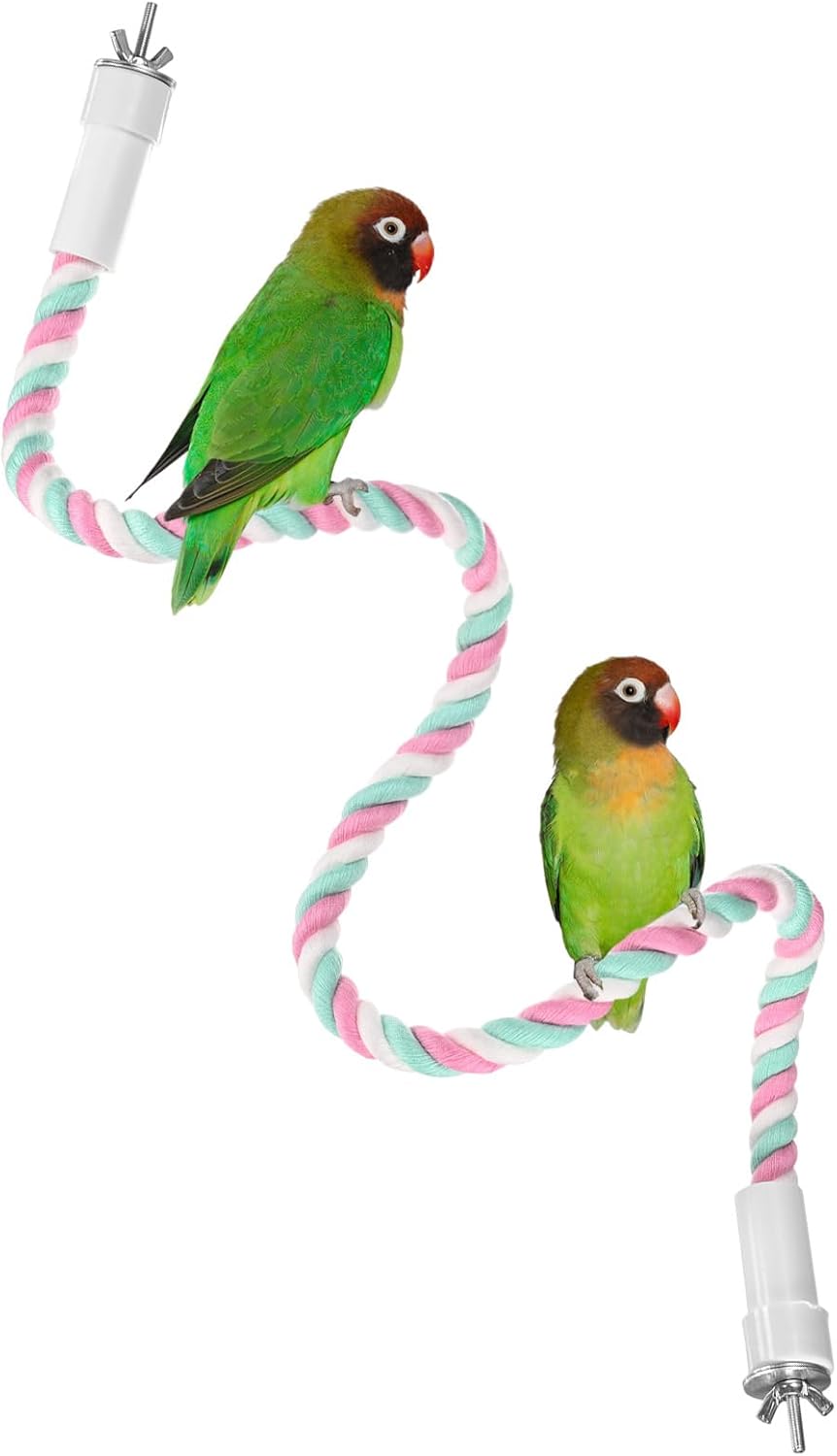 1-Pack Rope Perches for Bird Cages, 31.5 in Length Comfort Grip Flexible Rope Perch Beak & Paw Grinding for Parrots/Cockatiels/Parakeets, Bird Platform Sand [Pink Cyan]