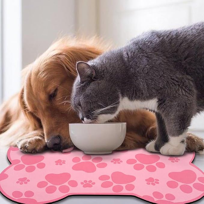 Dog Food Mats for Floors Waterproof, Pet Feeding Absorbent Water Bowl Mat Cat Placemats Pink Bone Shape 23.6 * 15.7 inch