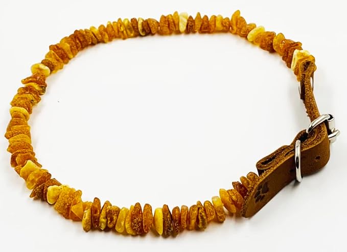 Baltic Amber Dog & Cat Collar - Adjustable Leather Strap with Raw Knotted Amber Beads (30-35cm)