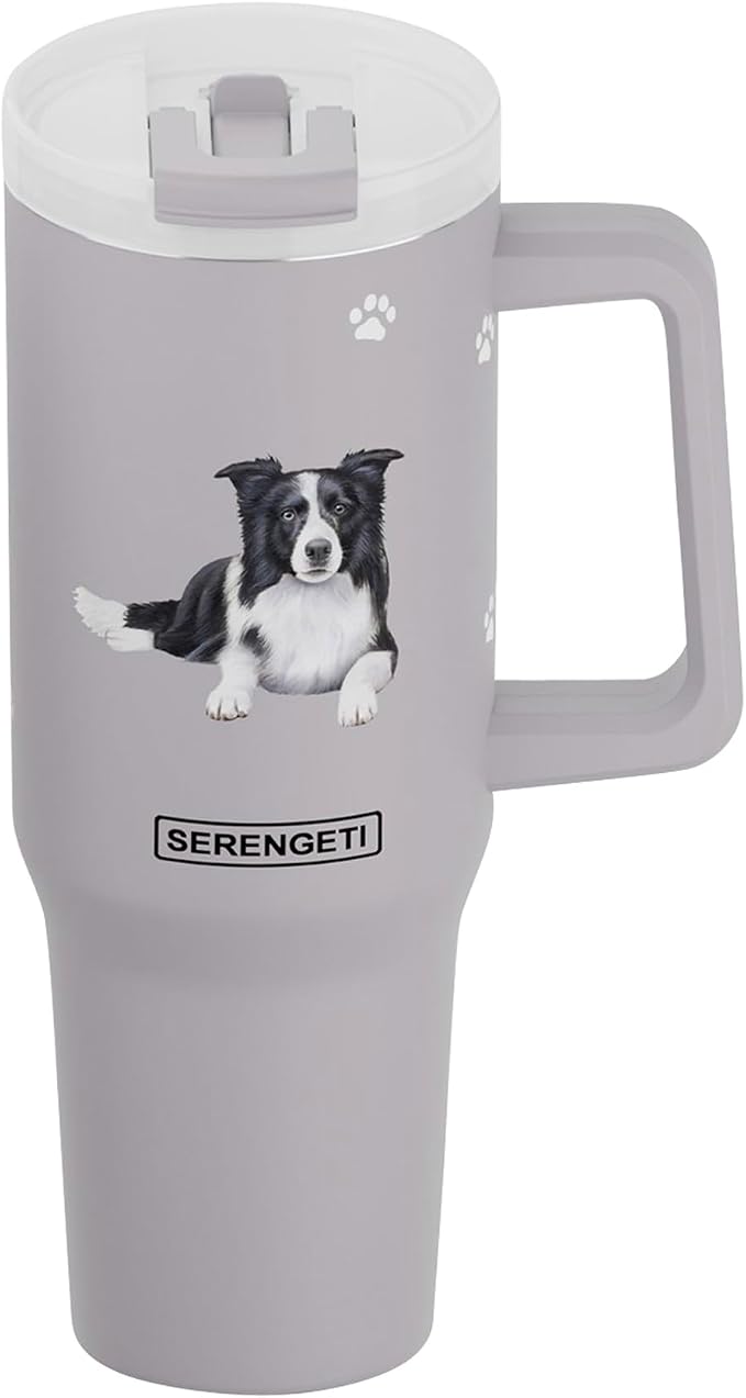 SERENGETI 40 Oz Ultimate Tumbler with Handle and Straw - Vacuum Insulated Tumbler with Straw and Lid - Stainless Steel Travel Mug for Pet Lovers - 3D Designs of your favorite Dog (Border Collie)