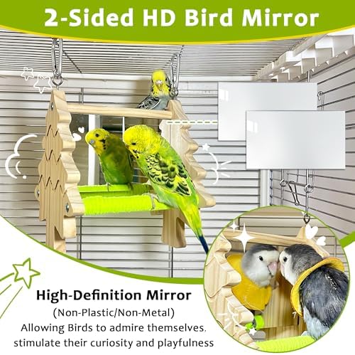 2PCS Natural Wood Bird Spinner Toys & Mirror Perch Set - Chewing Hanging Toys with 2-Sided Mirrors for Cockatiel, Conure, Lovebird, Budgie, Quaker