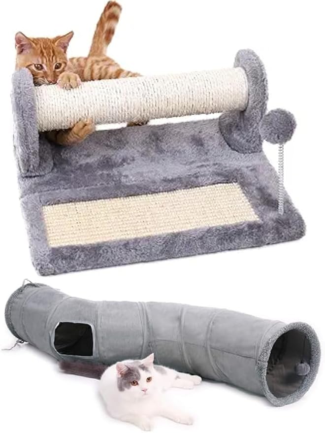 PAWZ Road Cat Scratching Post and Pad Bundle with PAWZ Road Cat Tunnel Collapsible S Shape 10.5 Inches in Diameter