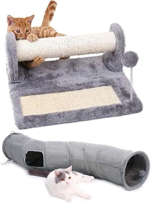 PAWZ Road Cat Scratching Post and Pad Bundle with PAWZ Road Cat Tunnel Collapsible S Shape 10.5 Inches in Diameter