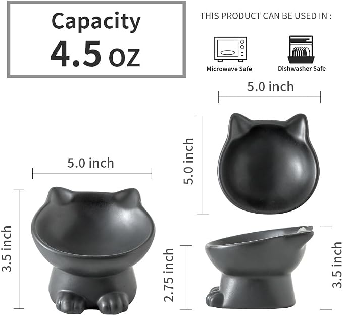 Nihow Slanted Elevated Cat Bowls: 5 Inch Ceramic Raised Cat Food Bowl for Protecting Pet's Spine - Microwave & Dishwasher Safe -Matte Black (4.5 OZ /1 PC)