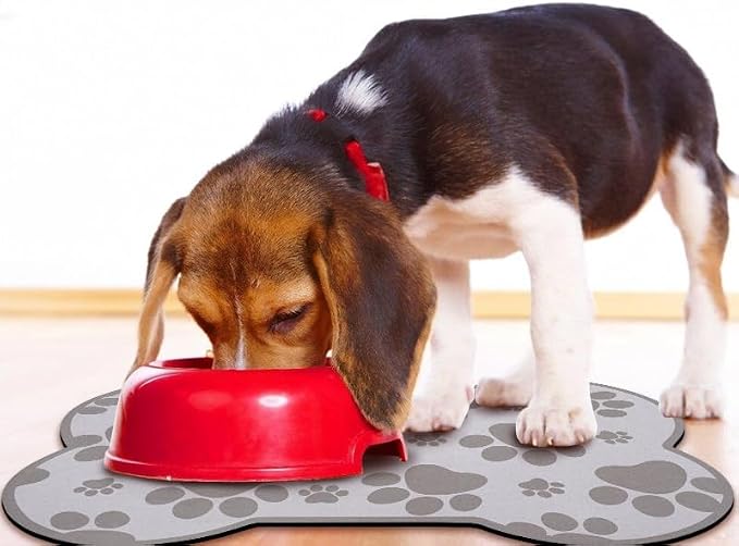 Dog Food Mats for Floors Waterproof, Pet Feeding Absorbent Water Bowl Mat Cat Placemats Gray Bone Shape 19 * 12 inch