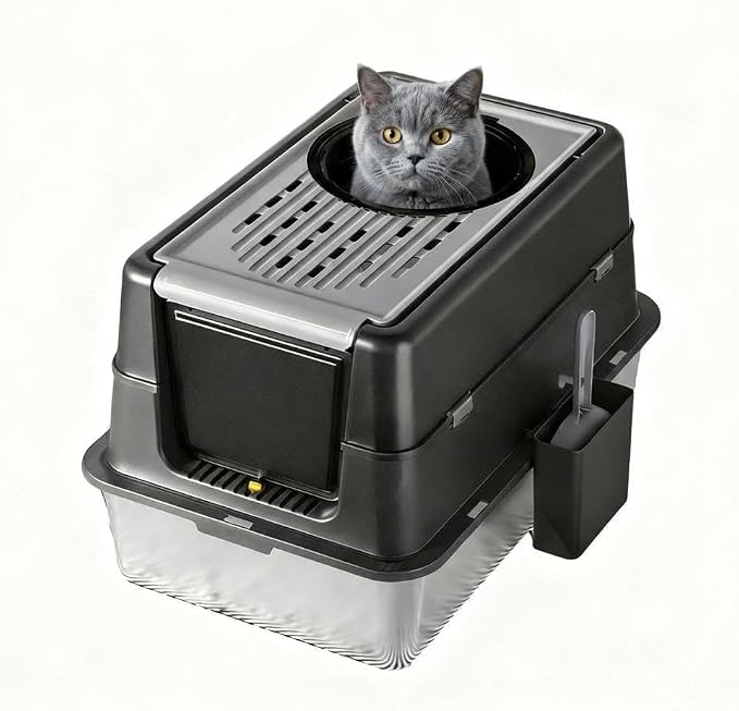 GarveeHome 23.62" Large Stainless Steel Litter Box for Large Cats, Enclosed Cat Litter Pan with 180° Flip-Top Lid, Dual Entry Front Door & Top Entrance, Easy Clean Odor Control for Multi-Cat