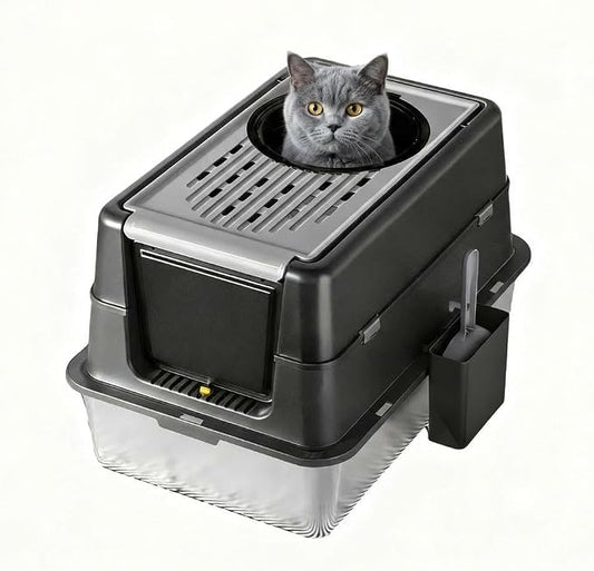 GarveeHome 23.62" Large Stainless Steel Litter Box for Large Cats, Enclosed Cat Litter Pan with 180° Flip-Top Lid, Dual Entry Front Door & Top Entrance, Easy Clean Odor Control for Multi-Cat