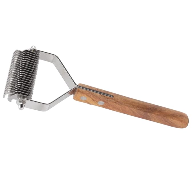 Premium Pet Undercoat Rake, Double Row Wood Handle Dog Hair Shedding Brush for Grooming Cats and Dogs, Removes Knots and Loose Fur, Promotes Skin and Shiny Coat