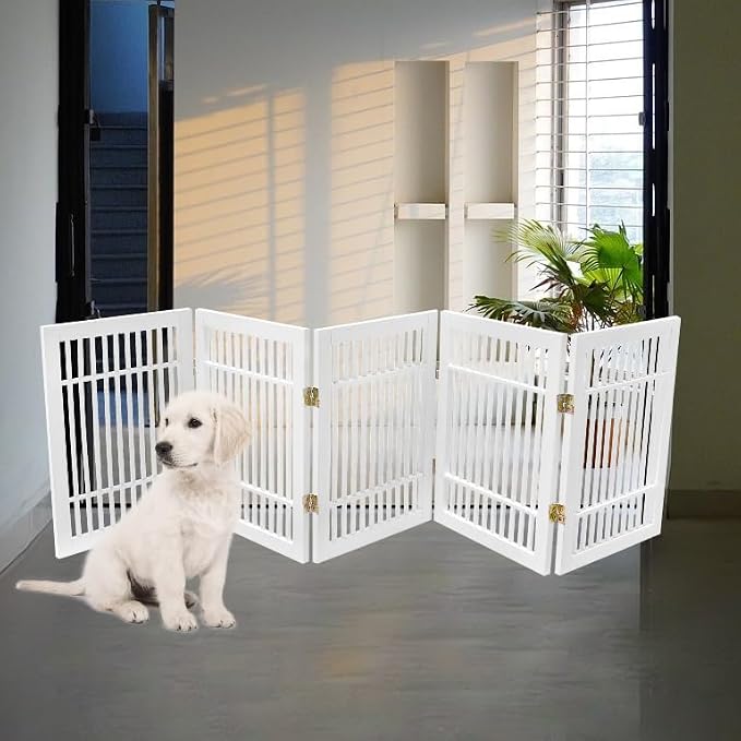 Urnporium Pet Dog Gate Freestanding, Strong Durable Folding Wooden Fence, Portable Acacia Hardwood Safety Barrier for Indoor & Outdoor Use (White Pet Gate, 5 Panel 24" Tall)