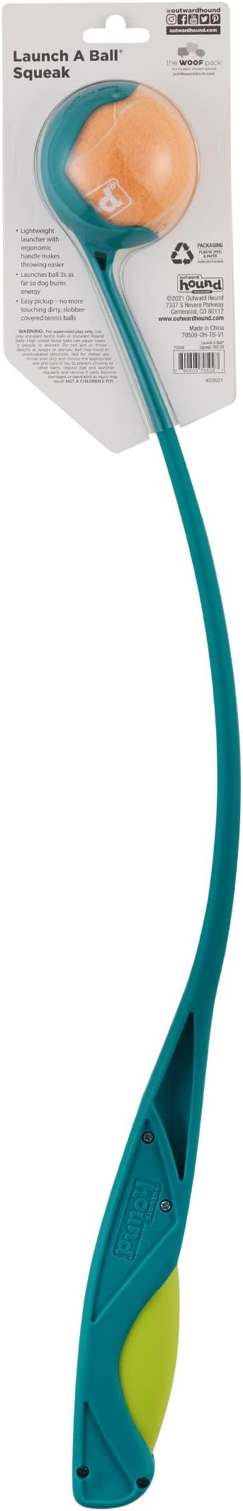 Outward Hound Launch A Ball Squeak Dog Ball Launcher, Interactive Fetch Toy, Squeaker Handle, Long-Distance Play, Slobber-Free Pickup