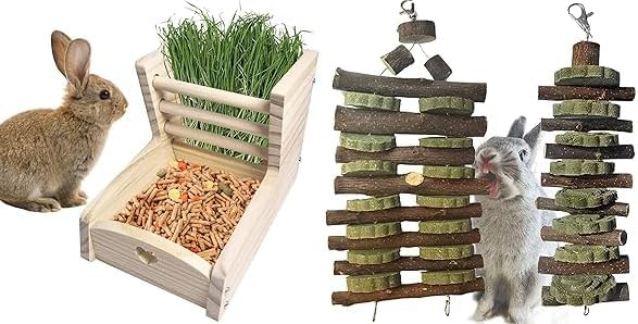 Hamiledyi Bunny Chew Toy for Teeth,Guinea Pig Natural Organic Fruitwood Sticks with Grass Cake Small Rabbit Hay Feeder with Wooden Food Feeding Manger Bunny Hay Dispenser Small Animals Grass Holder