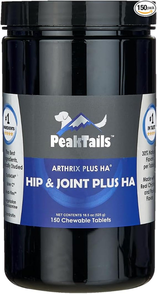 KALA HEALTH PeakTails Hip & Joint Plus HA for Dogs – 150 Tablets, Glucosamine, Chondroitin, OptiMSM, Ester-C & Hyaluronic Acid – Supports Joint Mobility & Comfort