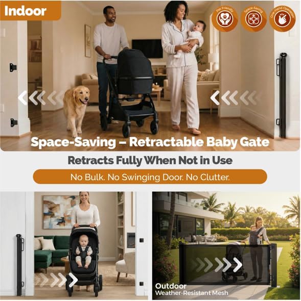 Retractable Baby Gate - 72" Wide Mesh Dog Gate with Support Rods - 34" Tall for Stairs, Doorways, Hallways - Drill or No-Drill - Pet & Cat Gate - Outdoor/Indoor (Black, 5.91 Feet)