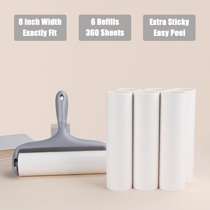 8 inch Large Surface Lint Roller Refills for Scotch-Brite 50% Stickier 8" Wide Lint Roller Replacement Refills for Pet Hair Extra Sticky 60 Sheets per Refill Pack of 6 Total 360 Sheets