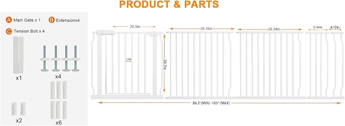 HOOEN Extra Wide Baby Gate for Doorways Stairs 86-105 Inch Wide Pressure Mounted Dog Gates for the House Walk Through Gates Indoor Safety Child Gates for Kids or Pets (86.3"-105")