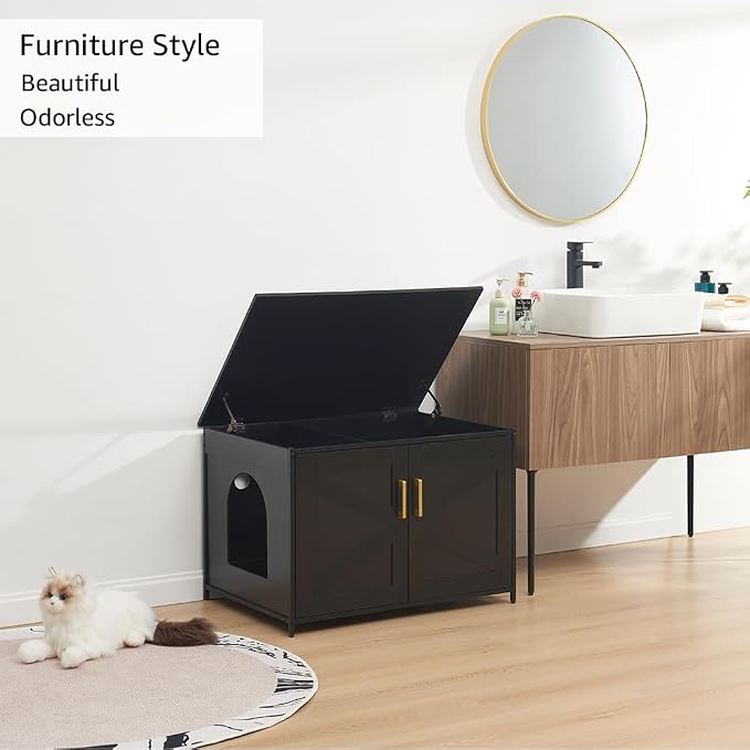 unipaws Black Top Opening Cat Litter Box Enclosure, Flip Top XL Extra Large Cat Box Furniture, Friendly to Elderly People, High Jumbo Automatic Litter Box Cover Hidden for Large Cat
