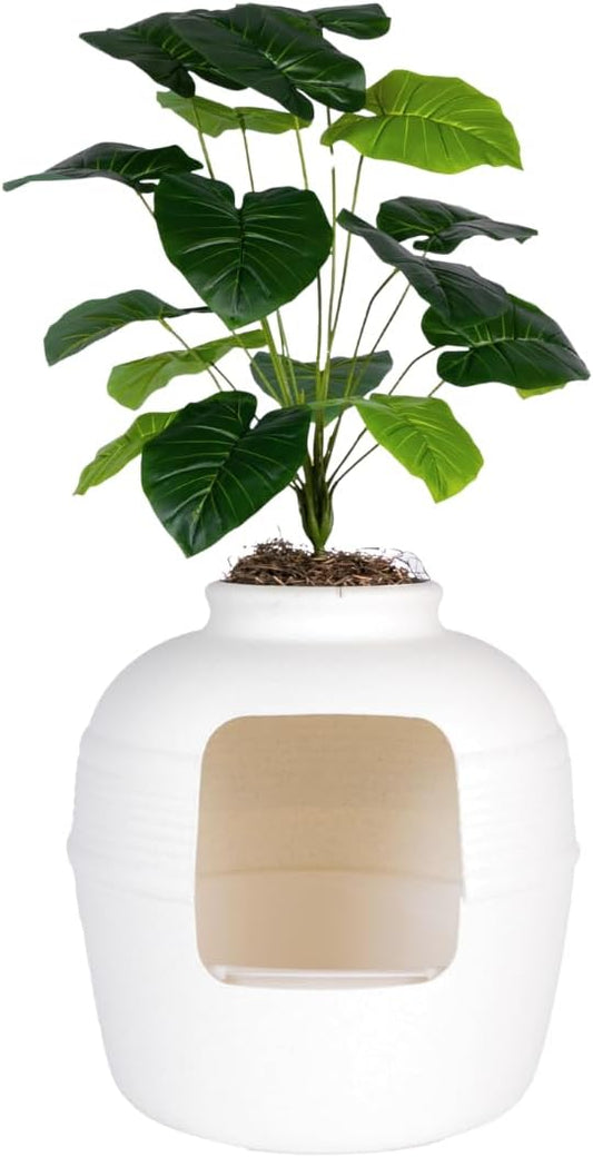 Good Pet Stuff Original Hidden Litter Box Planter, Decorative Cat Litter Enclosure, Carbon Filter, Faux Plant, Round Design, Easy Clean Litter Tray, Essentials Kit, Broad Leaf Plant, Soft White