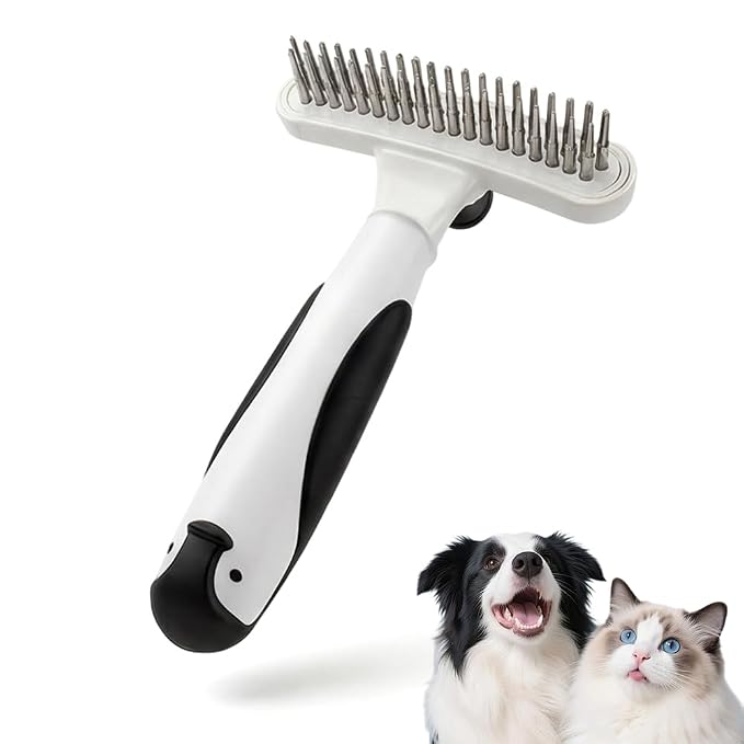 Double Sided Deshedding Dog Brush, 2026 New Undercoat Rake & Dematting Comb for Dogs and Cats, Pet Grooming Brush for Shedding, Stainless Steel Detangling Tool for Long Thick Coats (black&white)