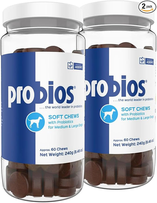 Probios for Dogs Soft Chews, Daily Probiotic Supplement for Gut Health, Digestion and Immune Support Medium and Large Breeds, Chicken Liver Flavor, 8.46oz 60 Chews (Pack of 2)