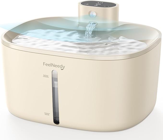 Pumpless Wireless Cat Water Fountain, FEELNEEDY 4L Battery Operated Pet Water Fountain for Cats Indoor, Motion Sensor Cat Drinking Fountain (Beige with 1Pack Filters)
