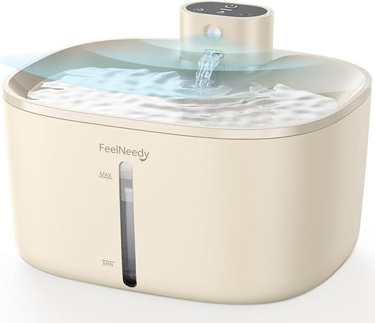 Pumpless Wireless Cat Water Fountain, FEELNEEDY 4L Battery Operated Pet Water Fountain for Cats Indoor, Motion Sensor Cat Drinking Fountain (Beige with 1Pack Filters)