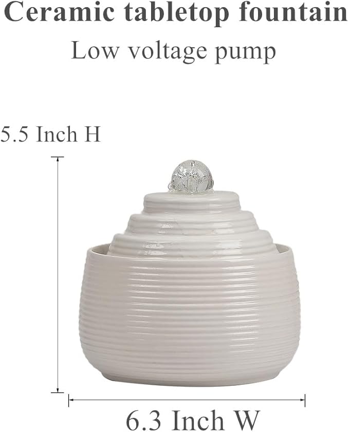 Indoor and Outdoor Fountain Water Feature Fall Ceramic Home Office Decoration mini Tabletop Desktop (White with Ball S090)