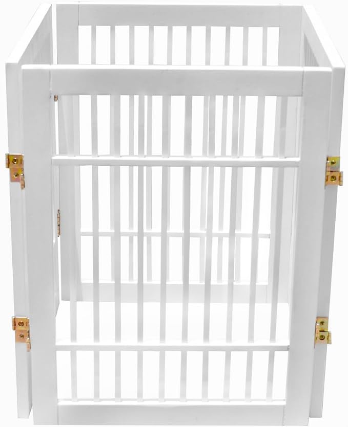 Urnporium Pet Dog Gate Freestanding, Strong Durable Folding Wooden Fence, Portable Acacia Hardwood Safety Barrier for Indoor & Outdoor Use (White Pet Gate, 4 Panel 24" Tall)