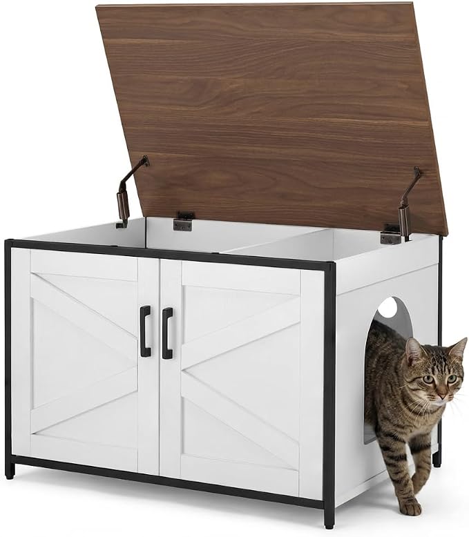 unipaws Extra Large Cat Litter Box Enclosure Furniture with Top Opening, XL Washroom Bench for Cats with Removable Divider, Jumbo Automatic Litter Box Cover and Hidden Cat Box
