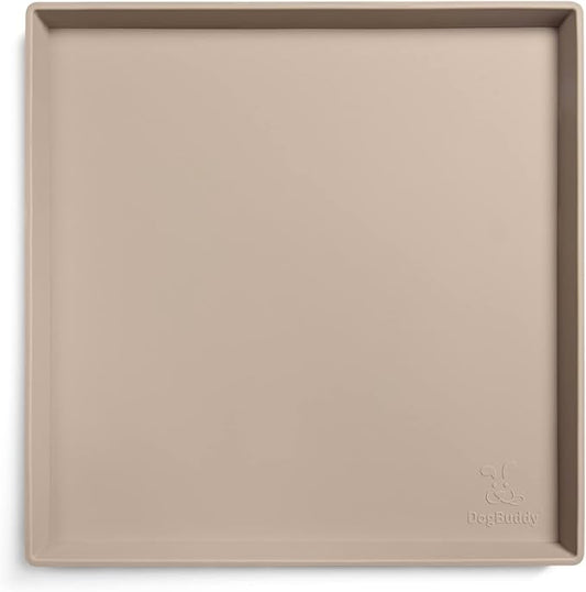 DogBuddy Dog Food Mat – Waterproof Dog Bowl Mat for Food and Water, Silicone Pet Feeding Mats for Floors, Non-Slip Placemat with High Edges for Dogs Bowls, Puppy Essentials (XS: 11" x 11", Taupe)