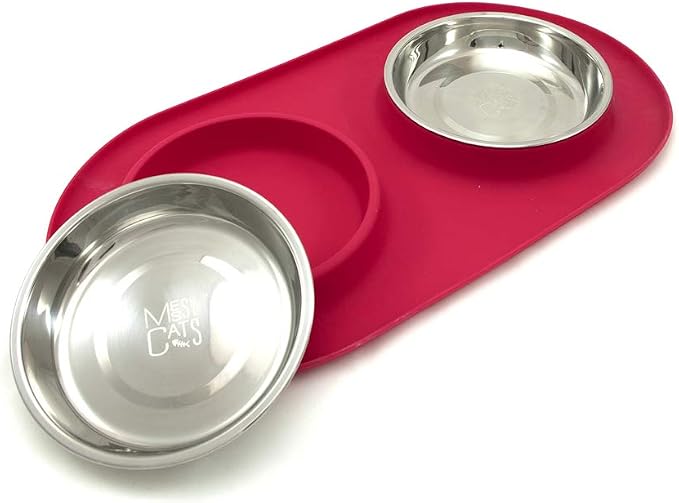 Messy Cats Double Silicone Feeder with Stainless Saucer Shaped Bowl | Anti-Slip Non-Skid Cat Food Bowls | Two Cat Bowls in Feeding/Water Station | 1.75 Cups per Bowl (Watermelon)