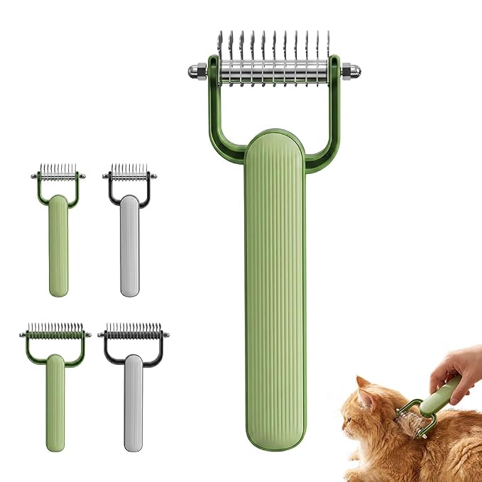 Pet Grooming Brush, 2026New Double Sided Dematting Comb for Cats & Dogs, Undercoat Rake, Gentle Matt Remover Detangler for Long Thick Hair Pets, Easy Grip Fur Remover Comb, Deshedding Brush (Grey)