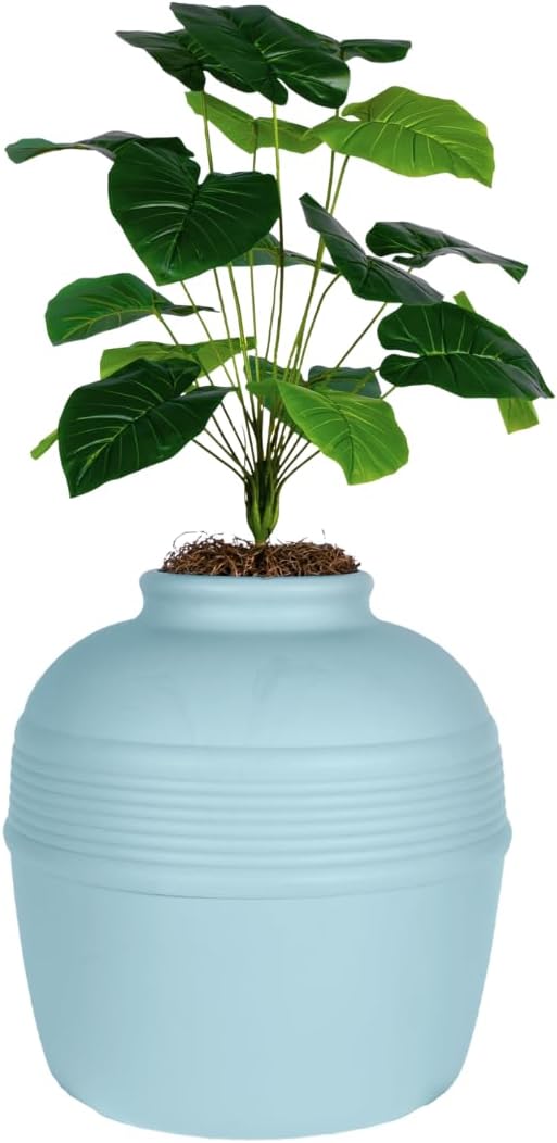 Good Pet Stuff Original Hidden Litter Box Planter, Decorative Cat Litter Enclosure, Carbon Filter, Faux Plant, Round Design, Easy Clean Litter Tray, Essentials Kit, Broad Leaf Plant, Coastal Blue