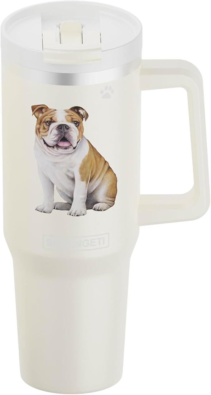E&S Pets SERENGETI 40 Oz Ultimate Tumbler with Handle and Straw - Vacuum Insulated Tumbler with Straw and Lid - Stainless Steel Travel Mug for Pet Lovers - 3D Designs of your favorite Dog (Bulldog)