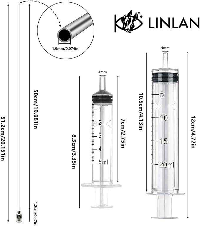 LINLAN Stainless Steel Aquarium Root Fertilizer Injector Kit, 19.6 Inch Long Stainless Needle, 5mL & 20mL Syringes, Precise Liquid Feeding Tool for Freshwater Planted Tanks