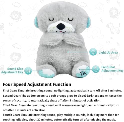 rytopt Breathing Stuffed Animal, Simulated Breathing Sounds, 4 Gear Adjustment, Volume Control, Plush Toy with Music & Light (Gray)