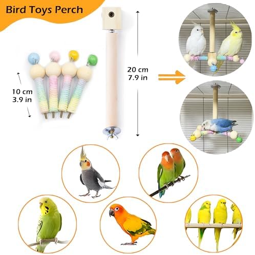 2PCS Natural Wood Bird Spinner Toys & Spinning Perch Set (Size S) - Chewing Hanging Toys with Bells for Cockatiel, Conure, Lovebird, Budgie, Quaker