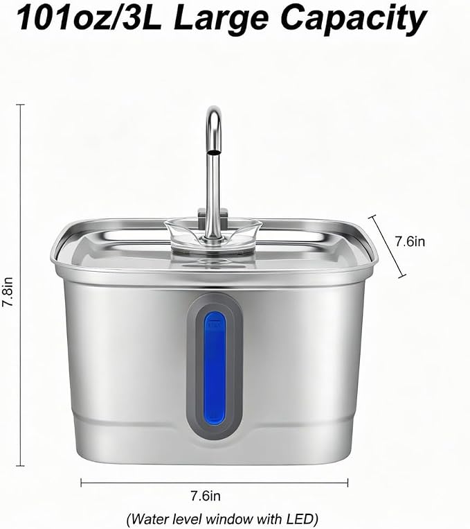 3L Stainless Steel Cat Water Fountain, 101oz Automatic Pet Water Fountain with 2 Replacement Filters, Quiet Cat Water Dispenser for Cats, Indoor Pets