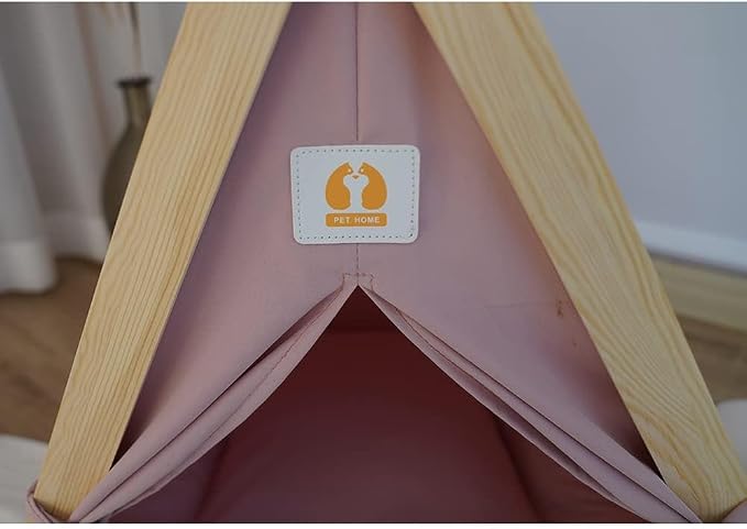 Solid Wood Cat & Dog Indoor Tent with Thick Mat, Teepee Tent & Cave Bed (Pink)