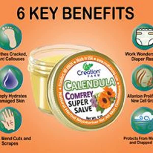 Calendula Comfrey Super Salve 8OZ- (2-4 oz Jars), by Creation Farm Balm Soothes Baby Bottoms, Hand Cream for Dry Cracked skin, Tattoos and Beards Grown and Made in USA from Real Herbs