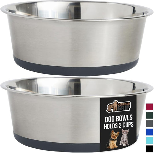 GORILLA GRIP Set of 2 Dog Bowls, Heavy Duty Metal Food and Water Bowl for Feeding Dogs and Cats, Dishwasher Safe, Rust Resistant Stainless Steel, BPA Free Rubber Base, Holds 2 Cups (16 fl oz), Gray