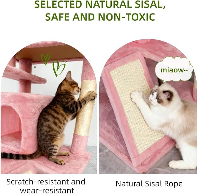 Cat Tree Tower for Indoor Cats,Cat House with Sisal Scratching Post,Multi-Level Cat Condo and 3 Large Platforms (Pink)