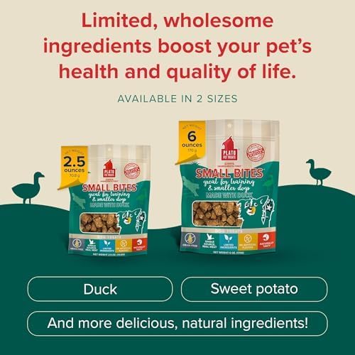 PLATO Pet Treats Small Bites - Air-Dried Training Treats for Dogs - Supports Healthy Digestion - Limited Ingredients - Duck 6oz - 2 Pack