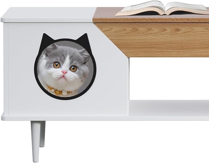 Coffee Tables with with Storage 45-Inch,Farmhouse Coffee Table with Cat House, Modern Center Table Cat Furniture Condo with Hidden Compartment for Living Room