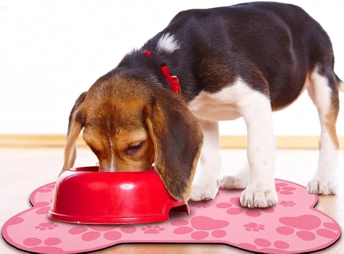Dog Food Mats for Floors Waterproof, Pet Feeding Absorbent Water Bowl Mat Cat Placemats Pink Bone Shape 23.6 * 15.7 inch