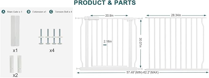 Extra Wide Baby Gate 57.48-62.2 Inch Tension Indoor Safety Gates or Stairs & Doorways,Black Metal Large Pressure Mount Pet Gate,Walk Through Dog Gate