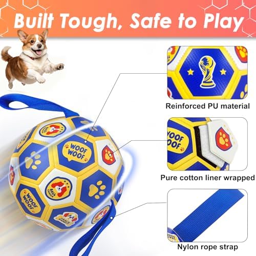 Vivifying Dog Toys Balls, 6 Inch Durable PU World Cup Soccer Ball for Indoor and Outdoor Tug-of-War, Mental Stimulation & Anxiety Relief